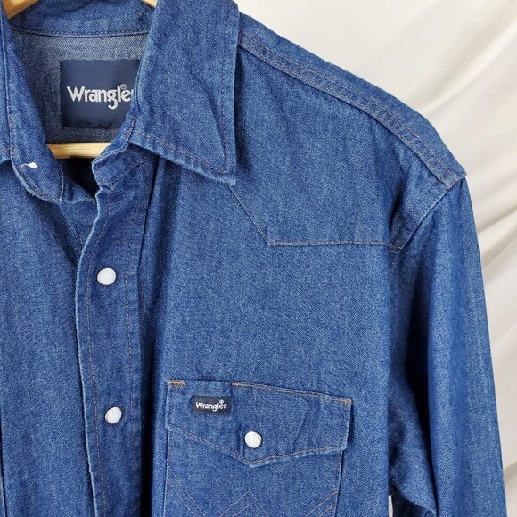 WRANGLER Denim Pearl Snap Western Workwear Shirt Blue Cotton Cowgirl (C-2) - Picture 6 of 9